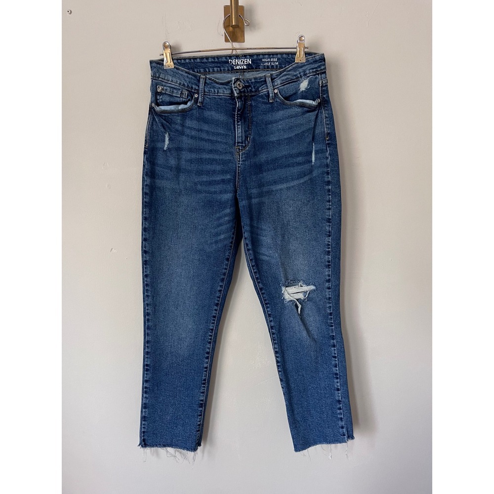 Denizen Levi's High Rise Ankle Slim Distressed Jeans Medium Wash Raw Hem 10/30